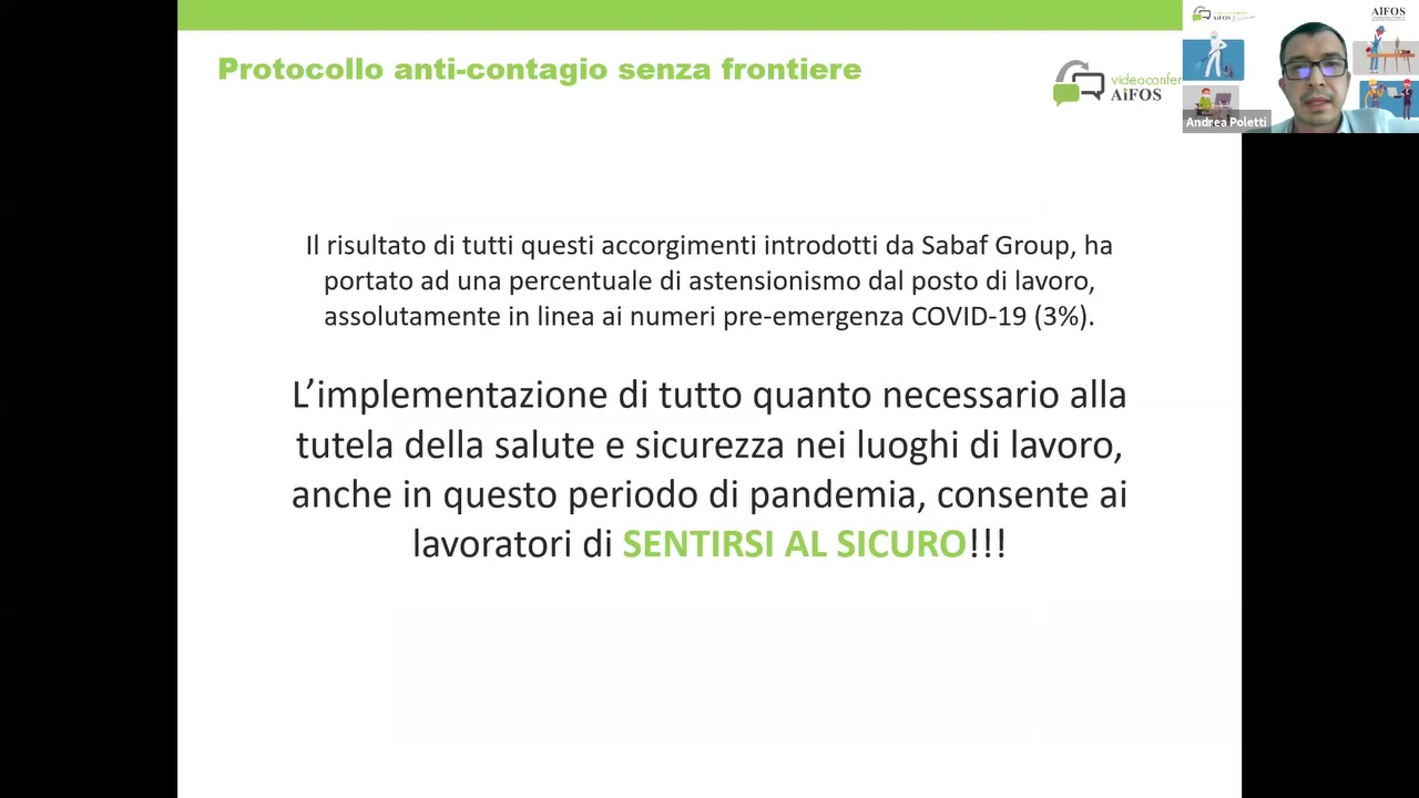 II risultato di tutti questi accorgimenti introdotti da Sabaf Group, ha
portato ad una percentuale di astensionismo dal posto di Iavoro,
assolutamente in linea ai numeri pre-emergenza COVID-19 (3%).

L’imp|ementazione di tutto quanto necessario alla

tutela della salute e sicurezza nei Iuoghi di Iavoro,

anche in questo periodo di pandemia, consente ai
lavoratori di !!!